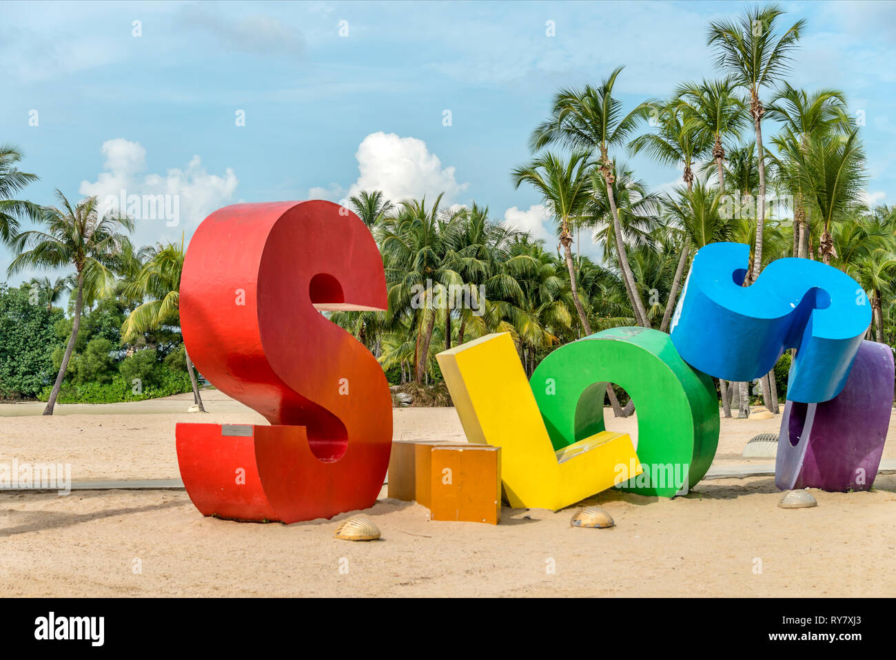 Colorato Siloso Artwork Logo in Siloso Beach, l'Isola di Sentosa, Singapore Foto Stock