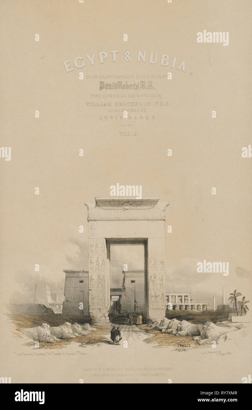 L'Egitto e la Nubia: frontespizio del volume V, 1849. Louis Haghe (British, 1806-1885), F.G.Luna, 20 Threadneedle Street, Londra, dopo David Roberts (British, 1796-1864). Litografia a colori; foglio: 60,2 x 43,7 cm (23 11/16 x 17 3/16 in.); immagine: 47,5 x 31,6 cm (18 11/16 x 12 7/16 in Foto Stock