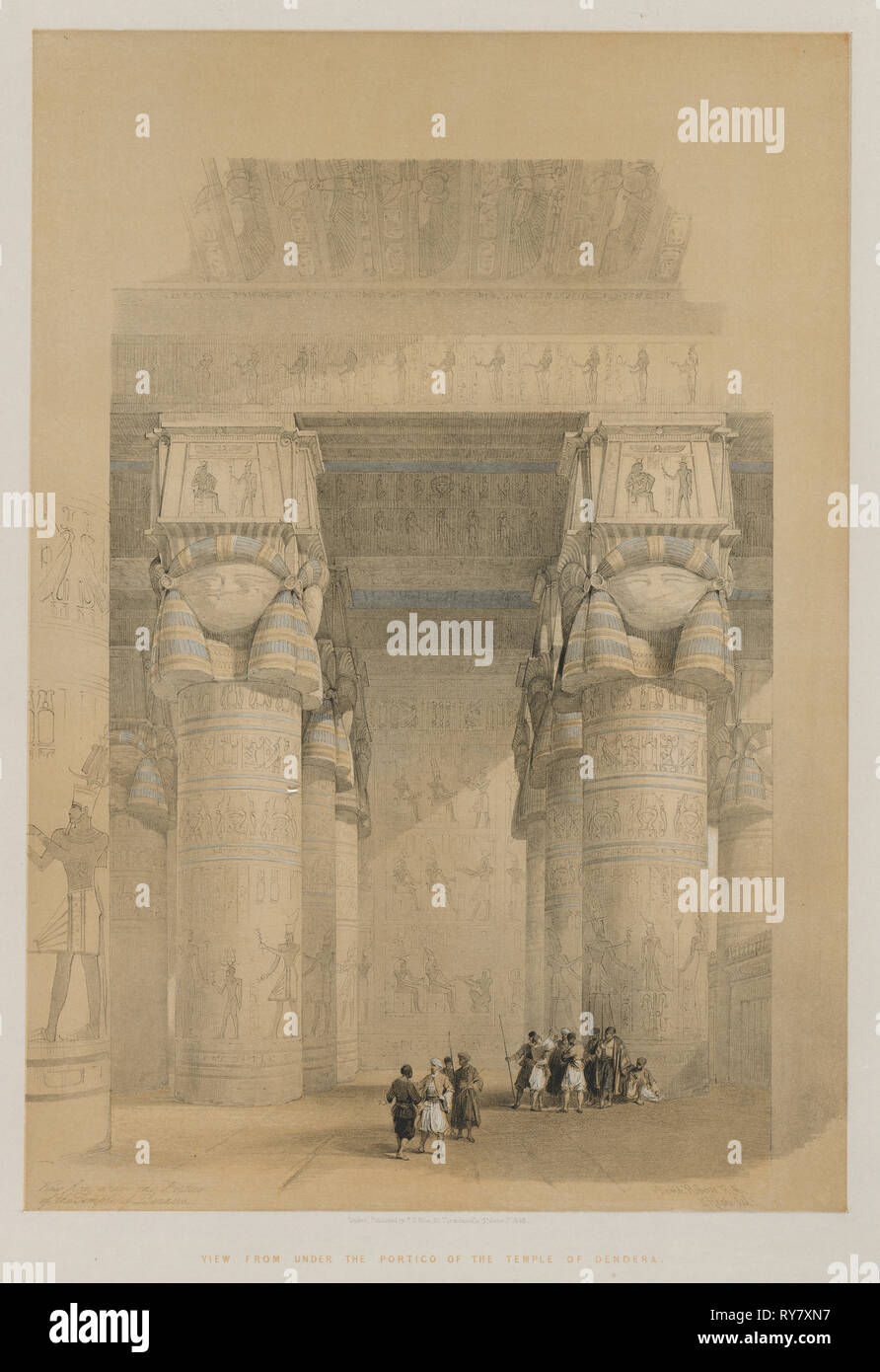 L'Egitto e la Nubia, Volume II: vista da sotto il portico del tempio di Dendera, 1849. Louis Haghe (British, 1806-1885), F.G.Luna, 20 Threadneedle Street, Londra, dopo David Roberts (British, 1796-1864). Litografia a colori; foglio: 60,4 x 43,8 cm (23 3/4 x 17 1/4 in.); immagine: 50,6 x 35,2 cm (19 15/16 x 13 7/8 in Foto Stock