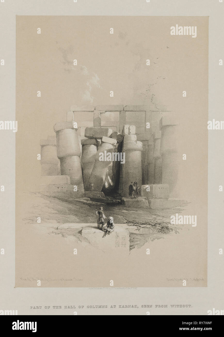 L'Egitto e la Nubia, Volume II: Parte della sala delle colonne di Karnak, Tebe, 1847. Louis Haghe (British, 1806-1885), F.G.Luna, 20 Threadneedle Street, Londra, dopo David Roberts (British, 1796-1864). Litografia a colori; foglio: 46,3 x 40,6 cm (18 1/4 x 16 in.); immagine: 35,7 x 25,2 cm (14 1/16 x 9 15/16 in Foto Stock