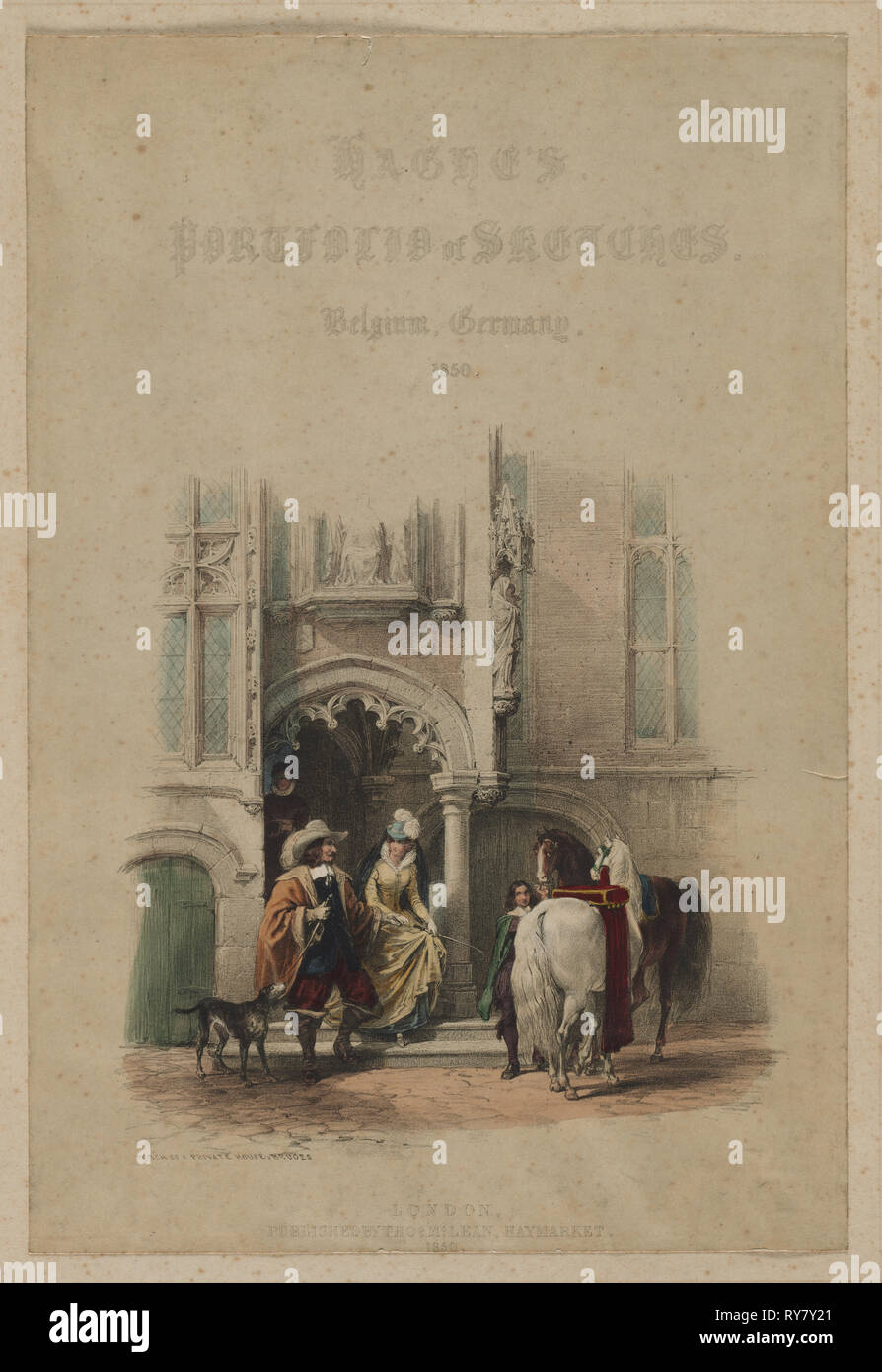 Haghe del portafoglio dei bozzetti. Il Belgio. Germania, vol. III: Titolo della pagina su una porta, di parte di una vista, portico di una casa privata, Bruges, 1850. Louis Haghe (British, 1806-1885), Thomas McLean, Haymarket, Londra. Litografia a colori; foglio: 53,8 x 41,8 cm (21 3/16 x 16 7/16 in.); immagine: 40,6 x 27,4 cm (16 x 10 13/16 in Foto Stock