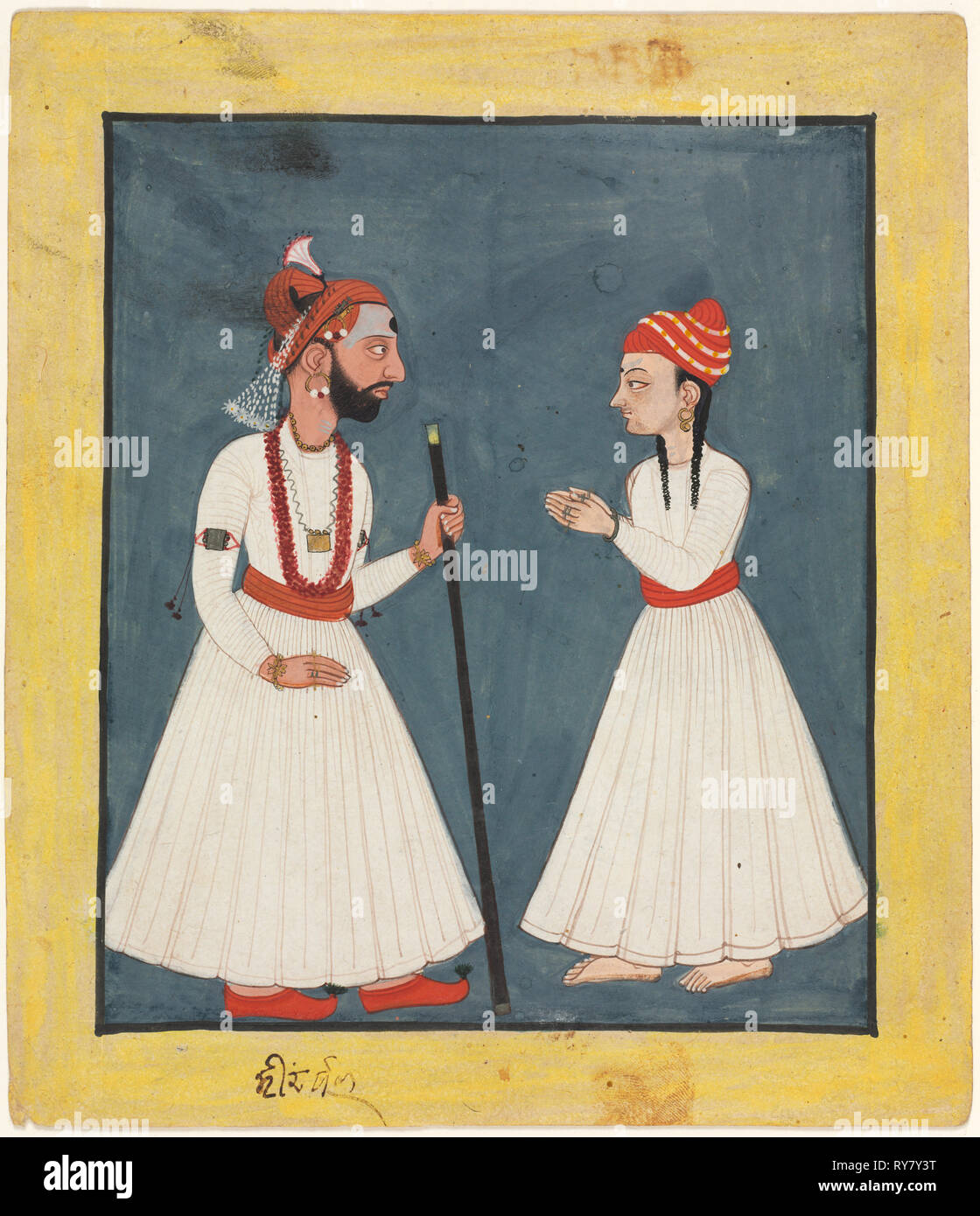 Raja Shamsher Sen con una gioventù , 1760-70. India, Himachal Pradesh, mandi. Acquerello opaco e inchiostro su carta; immagine: 16,5 x 13,9 cm (6 1/2 x 5 1/2 in.); bordo: 20,3 x 17,6 cm (8 x 6 15/16 in Foto Stock