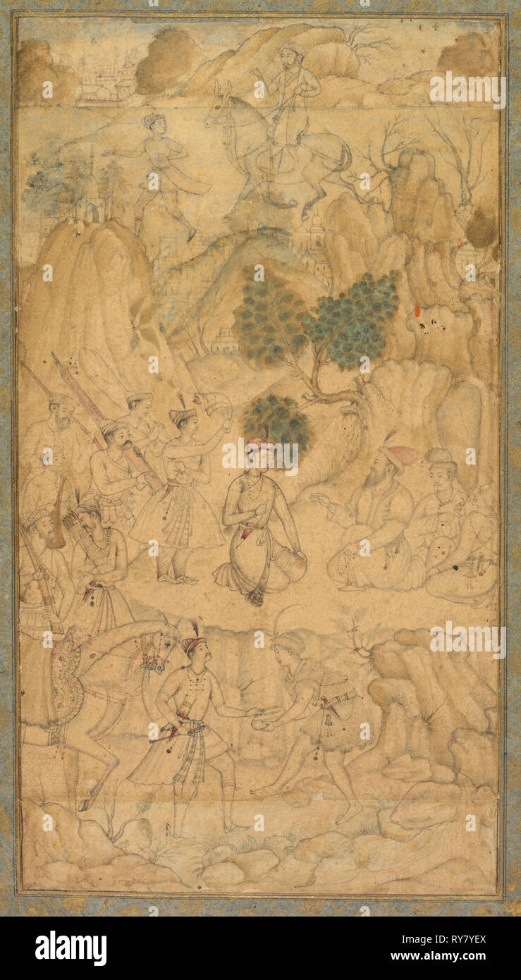 Un principe in visita a un uomo santo in un paesaggio roccioso, c. 1590. India, corte Mughal, del XVI secolo. Opaque acquerello su carta; pagina: 34 x 20,7 cm (13 3/8 x 8 1/8 in.); la pittura: 18,4 x 10,1 cm (7 1/4 x 4 pollici Foto Stock