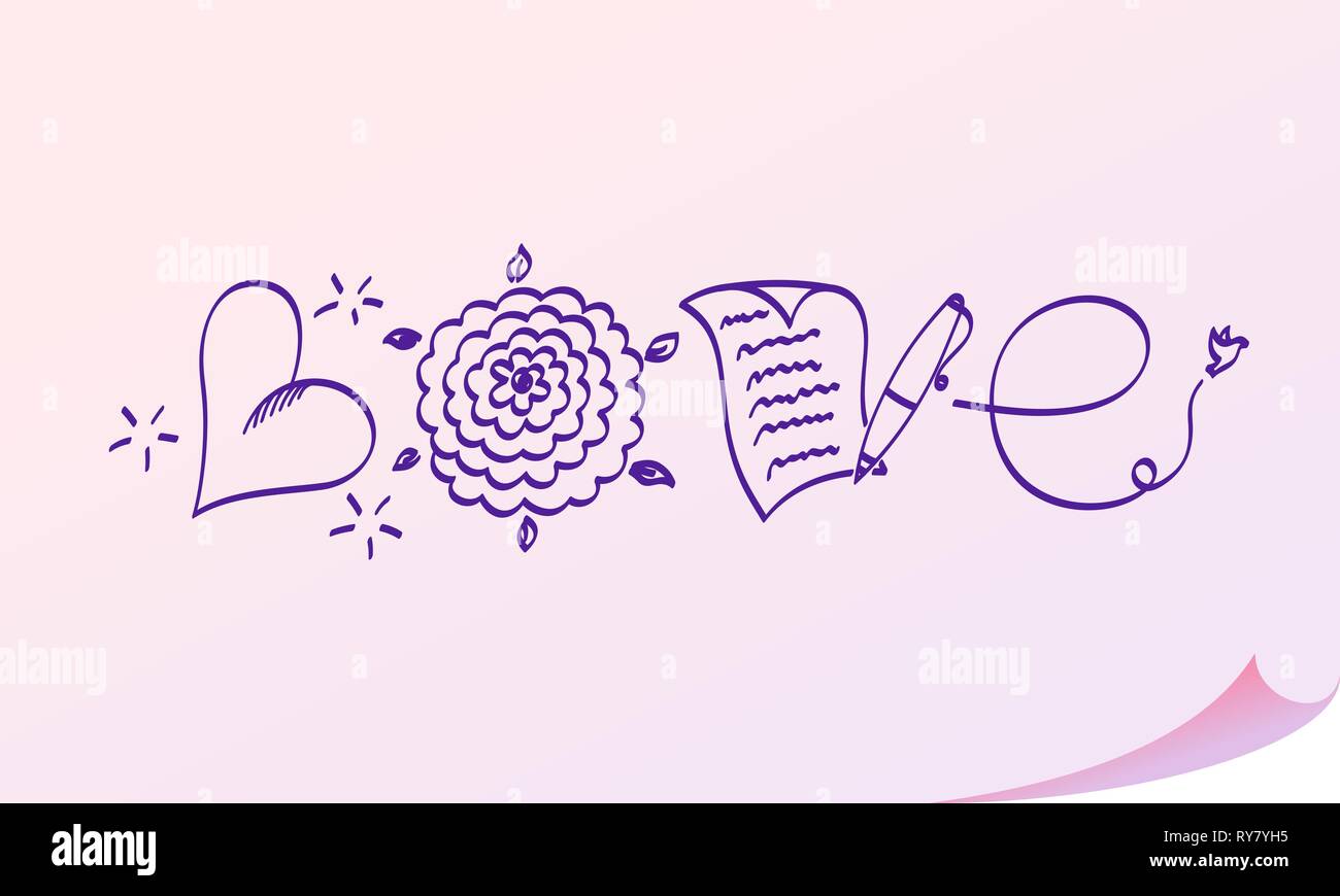 Tipografia lettering parola amore scritta da diversi oggetti su . L - palloncino, o - fiore, V - scritto carta e penna, e - sentiero sotto forma di volo di uccelli. Illustrazione Vettoriale