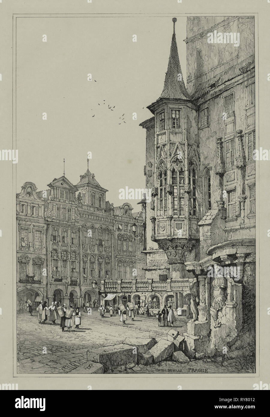 Facisimilies di bozzetti realizzati nelle Fiandre e Germania: Hotel de Ville, Praga, 1833. Samuel Prout (British, 1783-1852). Litografia; foglio: 54,8 x 37,2 cm (21 9/16 x 14 5/8 in.); immagine: 41,9 x 28,4 cm (16 1/2 x 11 3/16 in Foto Stock