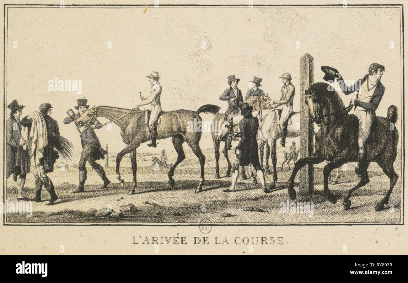 L'Arrivee de la Corso, Les Fantini Montes, La Corso: Racing scene: un cavallo che arrivano alla gara (Scènes Hippiques: Cheval arrivant de la chasse). Carle Vernet (Francese, 1758-1836), Jazet e Aumont. Litografia; foglio: 9,1 x 14,1 cm (3 9/16 x 5 9/16 in.); Immagine: 6,6 x 10,9 cm (2 5/8 x 4 5/16" Foto Stock