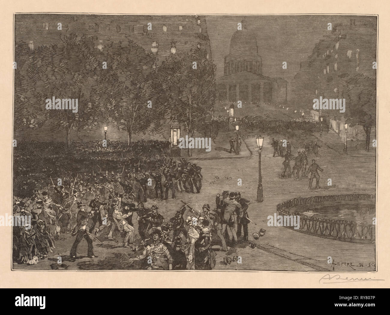 Bois du Monde: Les guai du quartier Latin, 1882. Auguste Louis Lepère (Francese, 1849-1918), pubblicata in Le Monde Illustree, 10 giugno 1882, e più tardi rilasciato come stampa firmata nel portafoglio delux Bois du Monde. Incisione su legno; foglio: 32.1 x 47 cm (12 5/8 x 18 1/2 in.); immagine: 15,6 x 22,1 cm (6 1/8 x 8 11/16 in Foto Stock