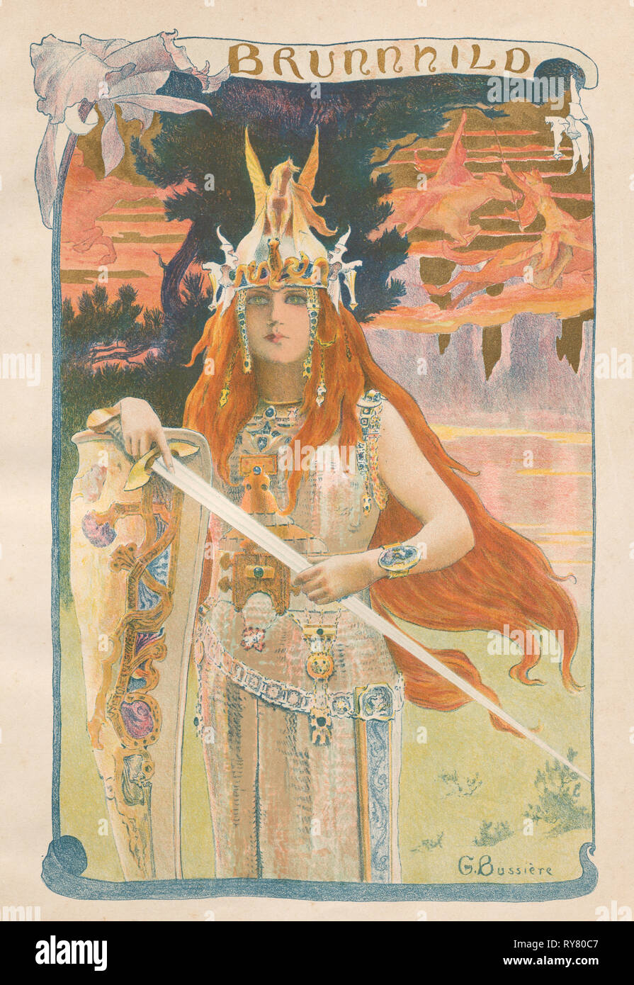 L'Estampe moderne: Brunnhild, 1899. Gaston Bussiere (Francese, 1862-1929), Imprimerie champenois. Litografia a colori dal volume rilegato contenente 50 litografie, ciascuno con una carta di tipo tissue guardia; foglio: 40,2 x 30,5 cm (15 13/16 x 12 in.); immagine: 34,1 x 22,3 cm (13 7/16 x 8 3/4 in Foto Stock