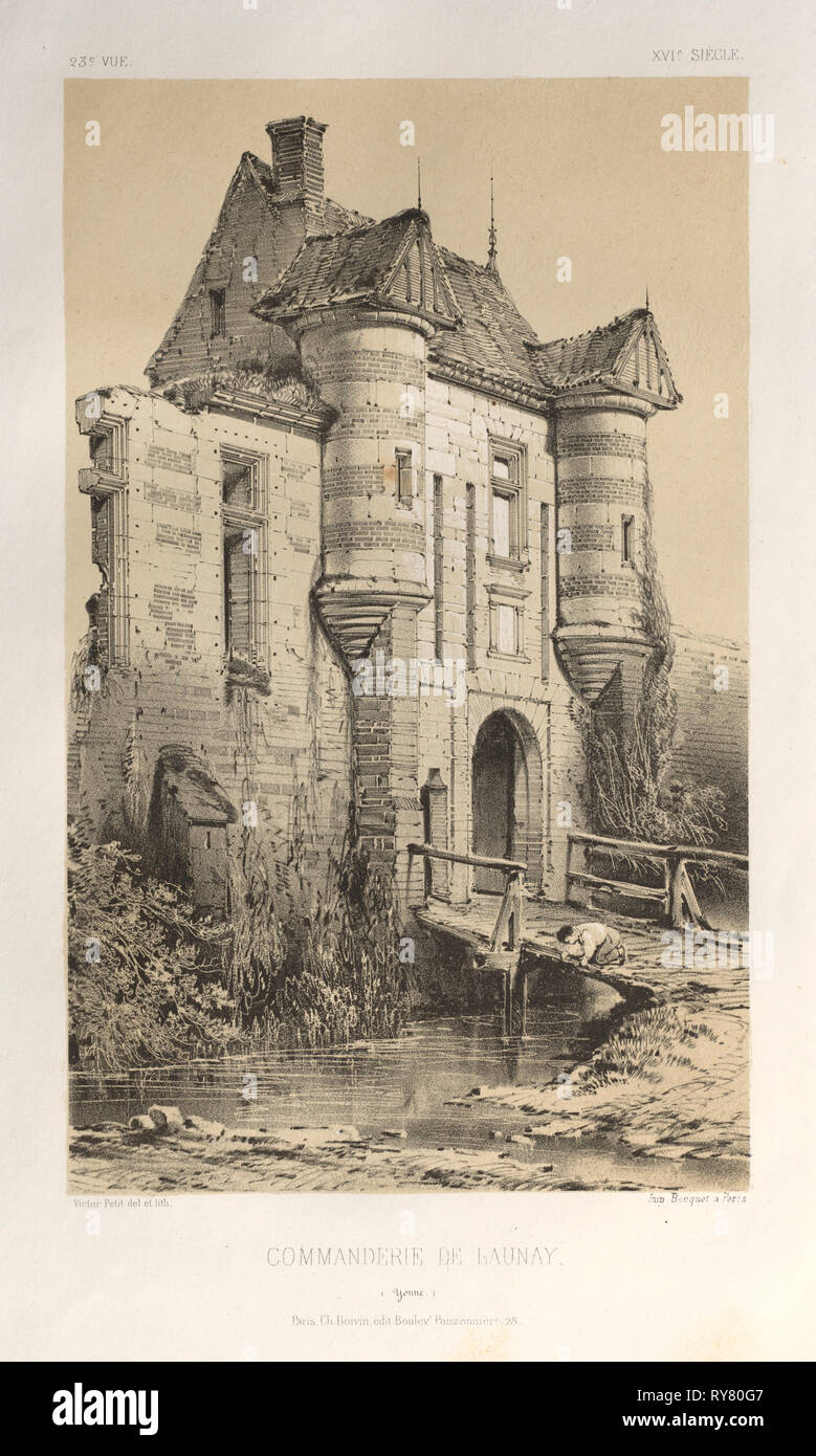 Architettura e pittoresco monumenti ou des xveme. Et xvieme. Siecles: Chateaux de France des XV et XVI siecles:Pl. 23, Commanderie De Launay (Yonne), pubblicato nel 1860. Victor Petit (Francese, 1817-1874), Charles Boivin (editore e editor); Lith de Godard a Parigi (stampante). Litografia con tonalità di pietra, dal portafoglio di 100 litografie con tonalità pietra; foglio: 35,7 x 27,4 cm (14 1/16 x 10 13/16 in.); immagine: 22,8 x 14 cm (9 x 5 1/2 in Foto Stock
