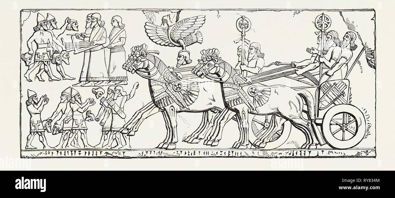 Trionfale Ritorno del Re al suo accampamento Nimroud sculture, appena ricevuto presso il British Museum Foto Stock