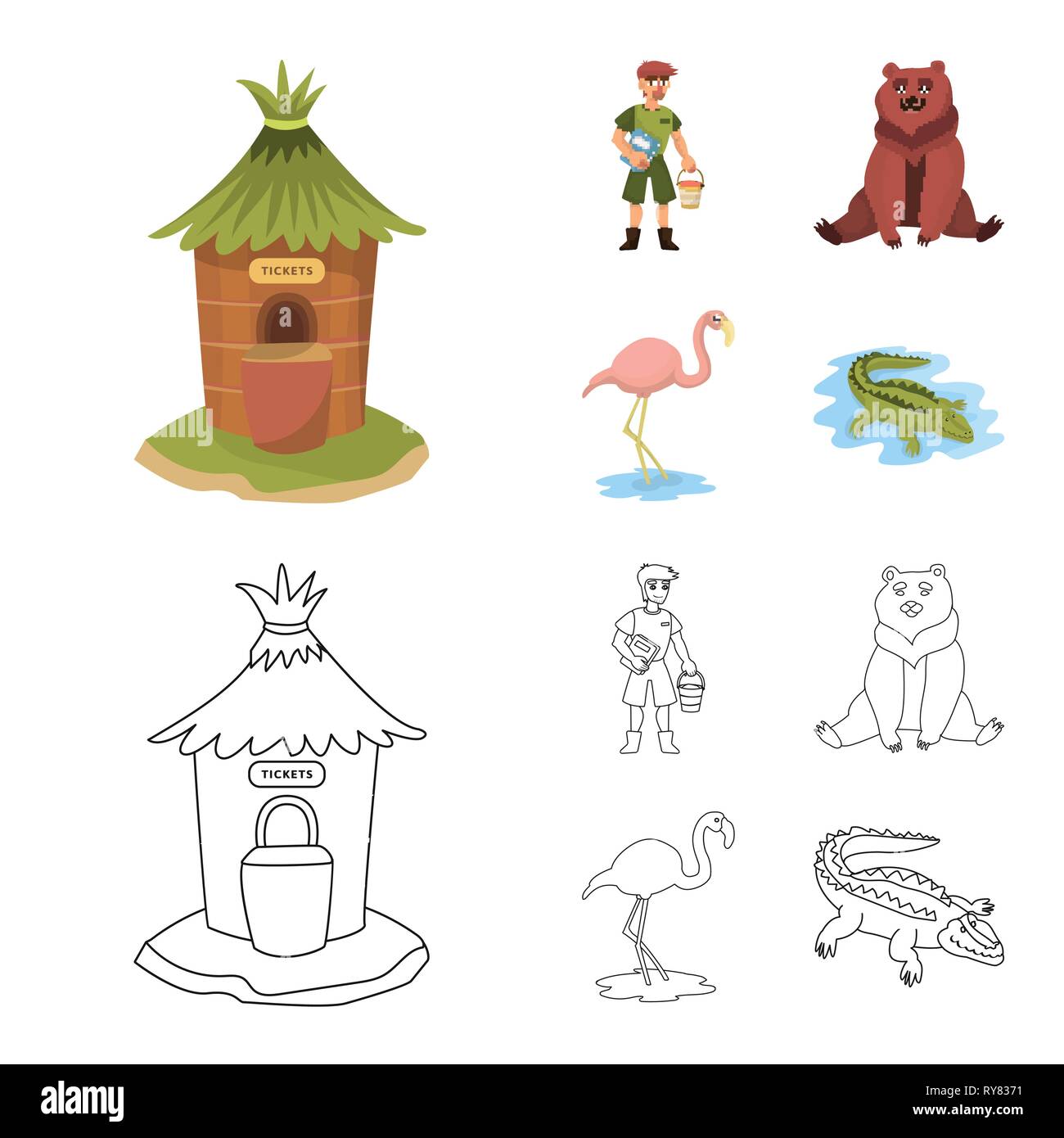Finestra,zookeeper,bear,flamingo,coccodrillo,contatore,l'uomo,marrone,rosa,alligator,servizio,lavoratore,carino,AFRICA,ticket,keeper,sonno,divertente,booth,benna,russia,bird,jungle,Office,arnese,grandi,sud,verde,BOX,vestiti,natura,divertente,fauna,entertainment,zoo,parco,safari,animale,forest,flora,impostare,vettore,icona,immagine,isolato,raccolta,design,l'elemento,graphic,segno vettori vettore , Illustrazione Vettoriale