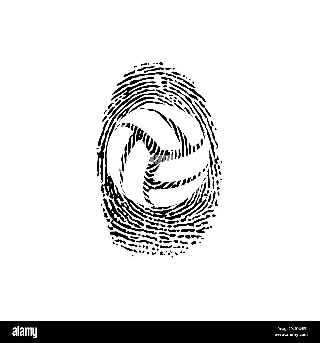 Impronte digitali nero con simbolo di pallavolo isolati su sfondo bianco Illustrazione Vettoriale