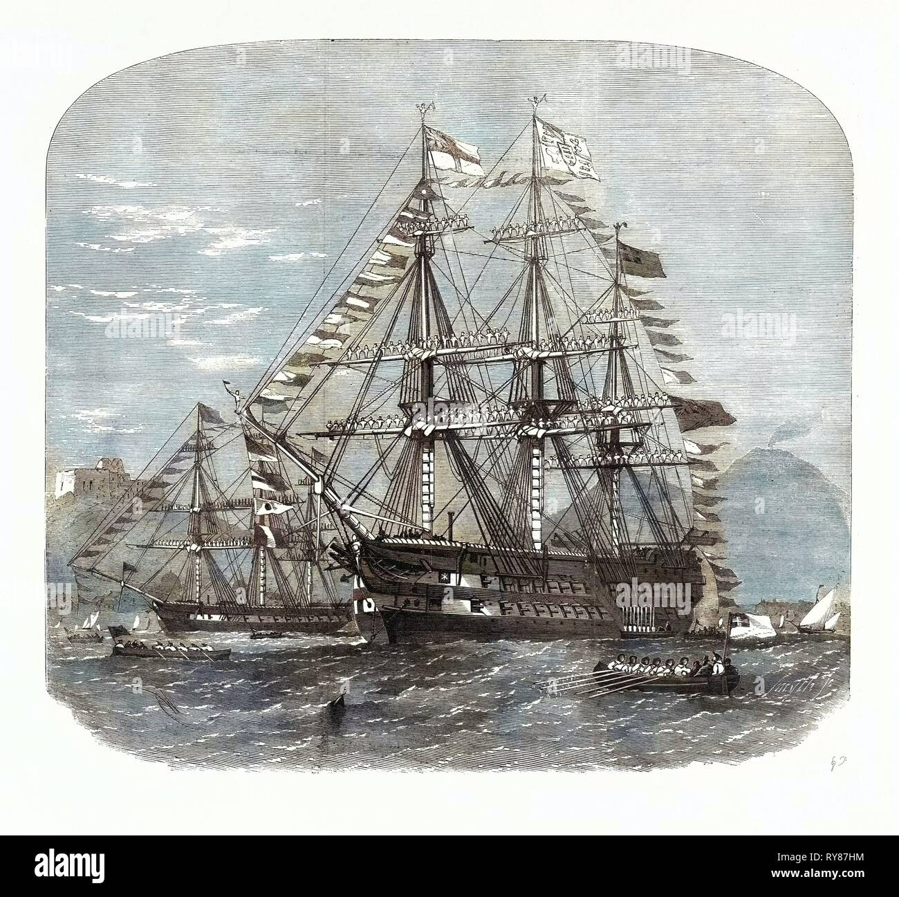 La Venuta di età del Principe di Galles ha celebrato nella baia di Napoli: La Sua Altezza Reale il Principe e la Principessa di Prussia andando a bordo della Londra 1862 Foto Stock