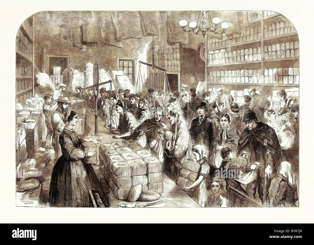 Il cotone carestia negozio di fornitura di merci ottenute a biglietti emessi Manchester Salford provvida Società 1862 UK Gran Bretagna Foto Stock