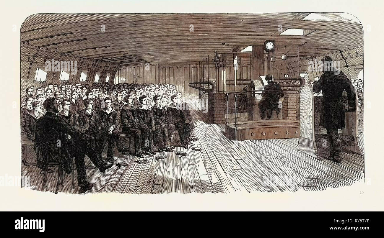Il servizio divino a bordo della nave di formazione infaticabile a Liverpool Regno Unito 1866 Foto Stock