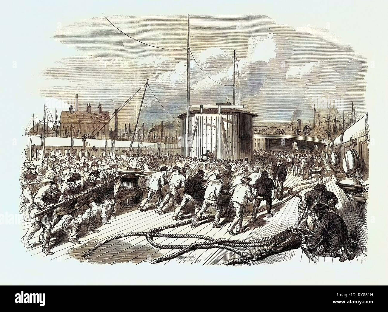 Lancio del Northumberland: Scena sul ponte preparatori per il lancio 1866 Foto Stock