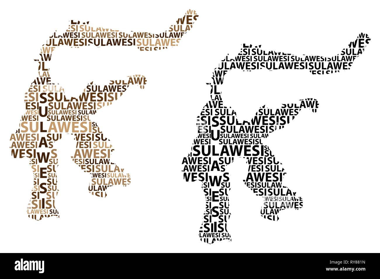 Schizzo di Sulawesi testo lettera mappa, Sulawesi (Repubblica di Indonesia) - nella forma del continente, Mappa Celebes - marrone e nero illustrazione vettoriale Illustrazione Vettoriale