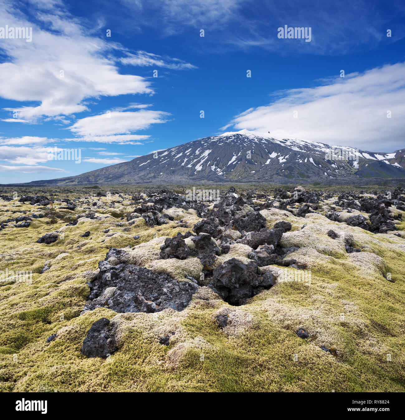 Snaefellsjokull - glacier-capped vulcano in Islanda occidentale. Paesaggio con un campo di lava e una montagna Foto Stock