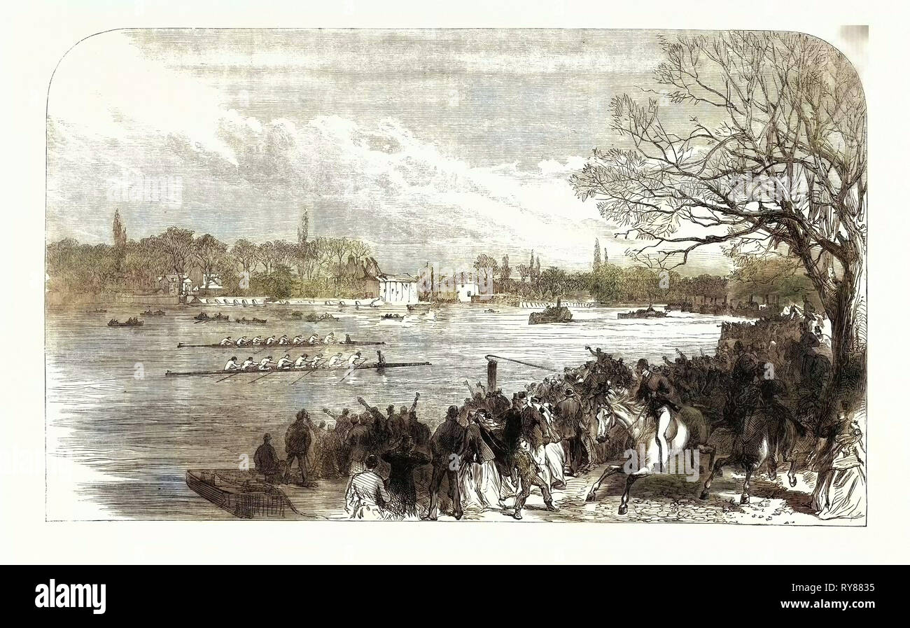 La Oxford e Cambridge University Boat Race: passando il Crab Tree UK 1866 Foto Stock