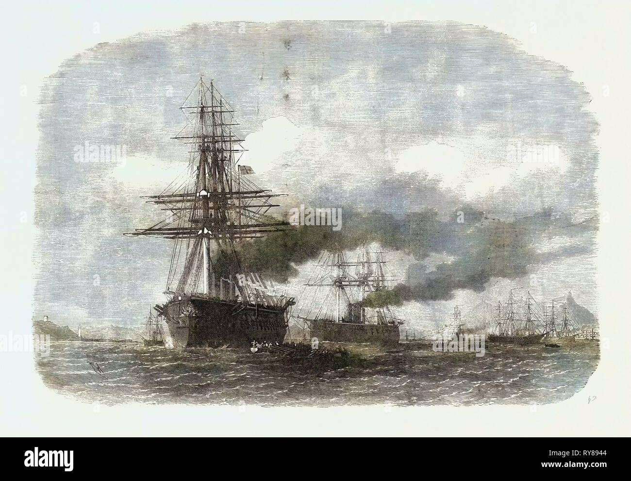 H.M.S. Agincourt arenarsi su La Perla Rock Gibilterra Bay 1871 Foto Stock