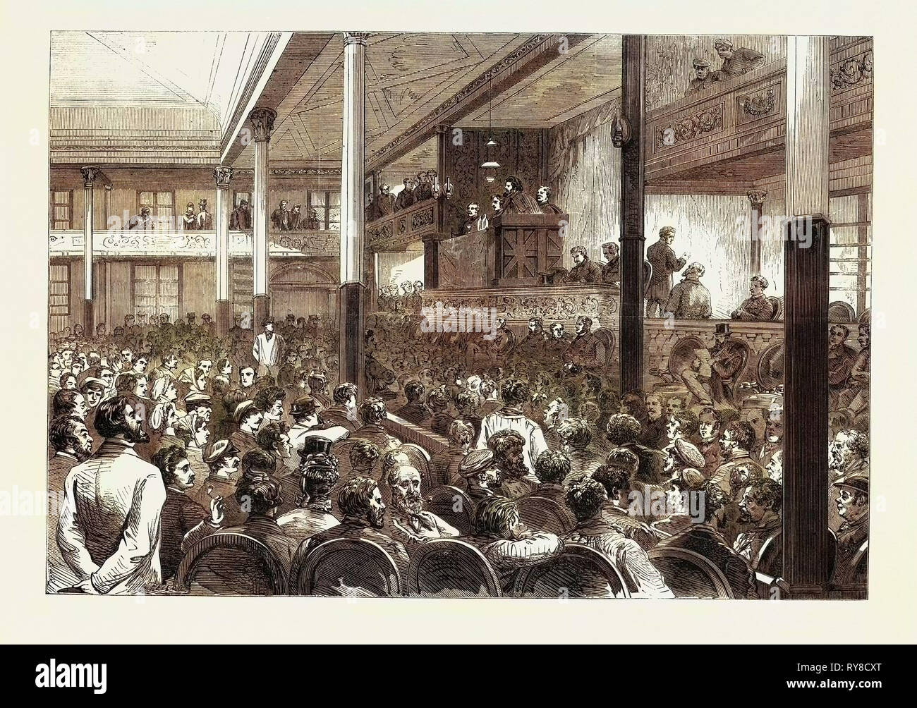 Il diritto di riunione a Parigi: M. Ducasse parlando a La Salle Des Folies-Belleville 1869 Francia Foto Stock