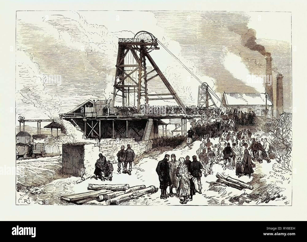 Il Leycett Colliery Disaster vicino a Newcastle-Under-Lyne: La Buca dopo l esplosione 1880 Foto Stock