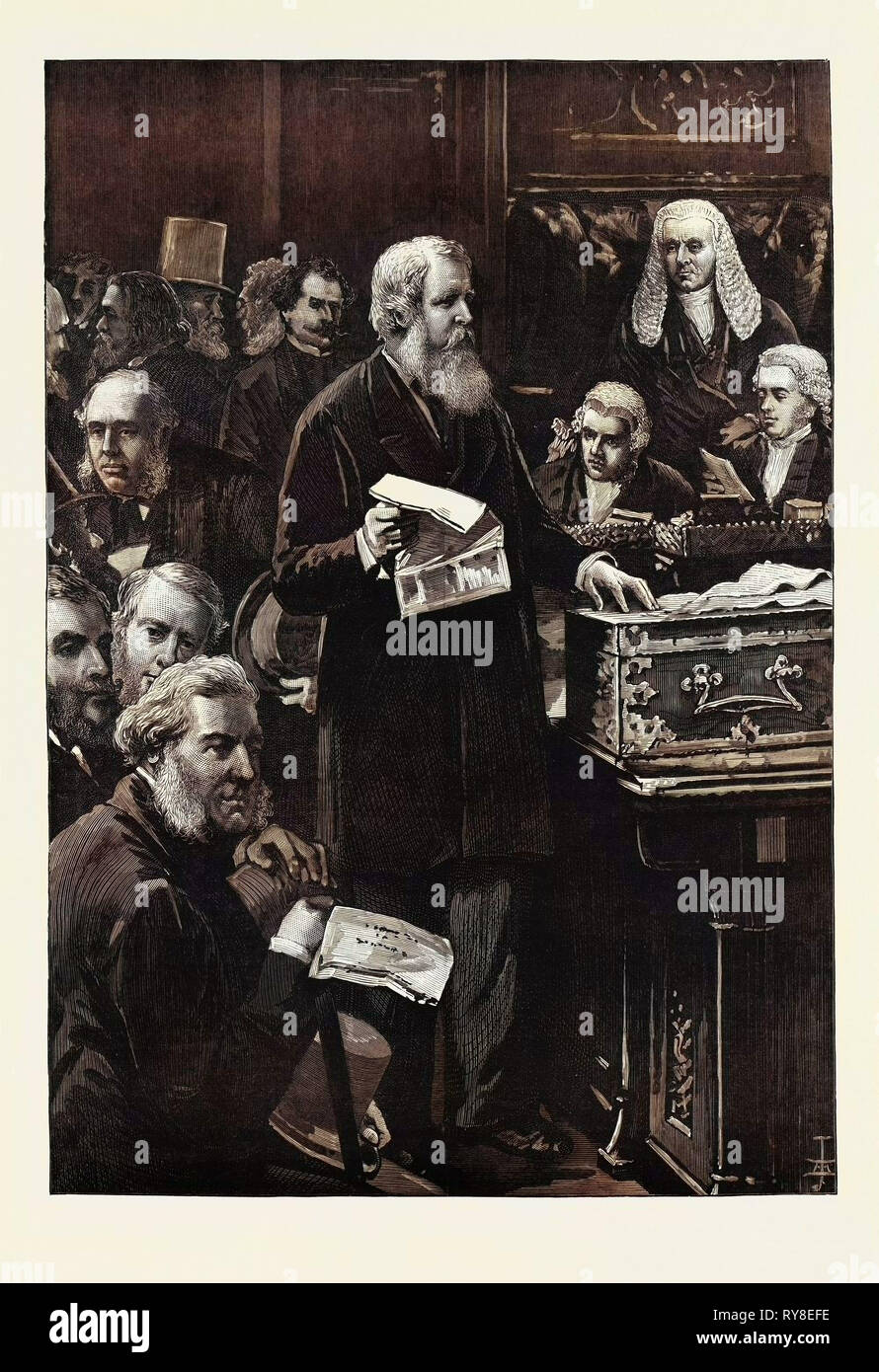 L'apertura del Parlamento: il Cancelliere dello Scacchiere parlando in House of Commons 1880 Foto Stock