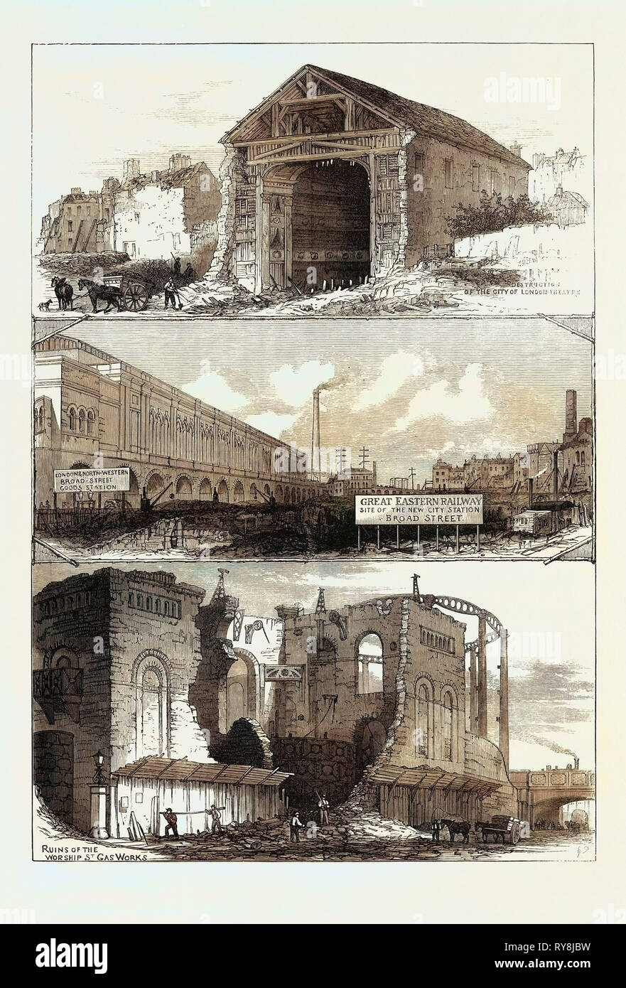 Le demolizioni per la Great Eastern Railway estensione a Broad Street la distruzione della città di Londra Theatre London 1871 Foto Stock