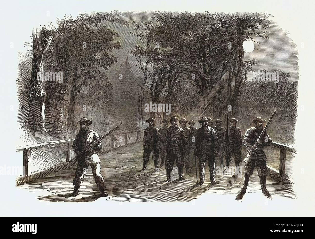 La guerra civile in America: Scouting unionista partito il Virginian boschi nel quartiere di Alessandria Foto Stock