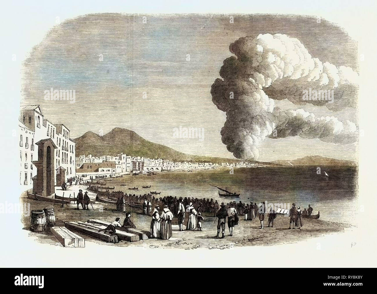 Eruzione del Vesuvio vicino ai piedi della collina tra Resina e Torre del Greco come si vede dalla Marinella a Napoli il 28 dicembre 1861 Foto Stock
