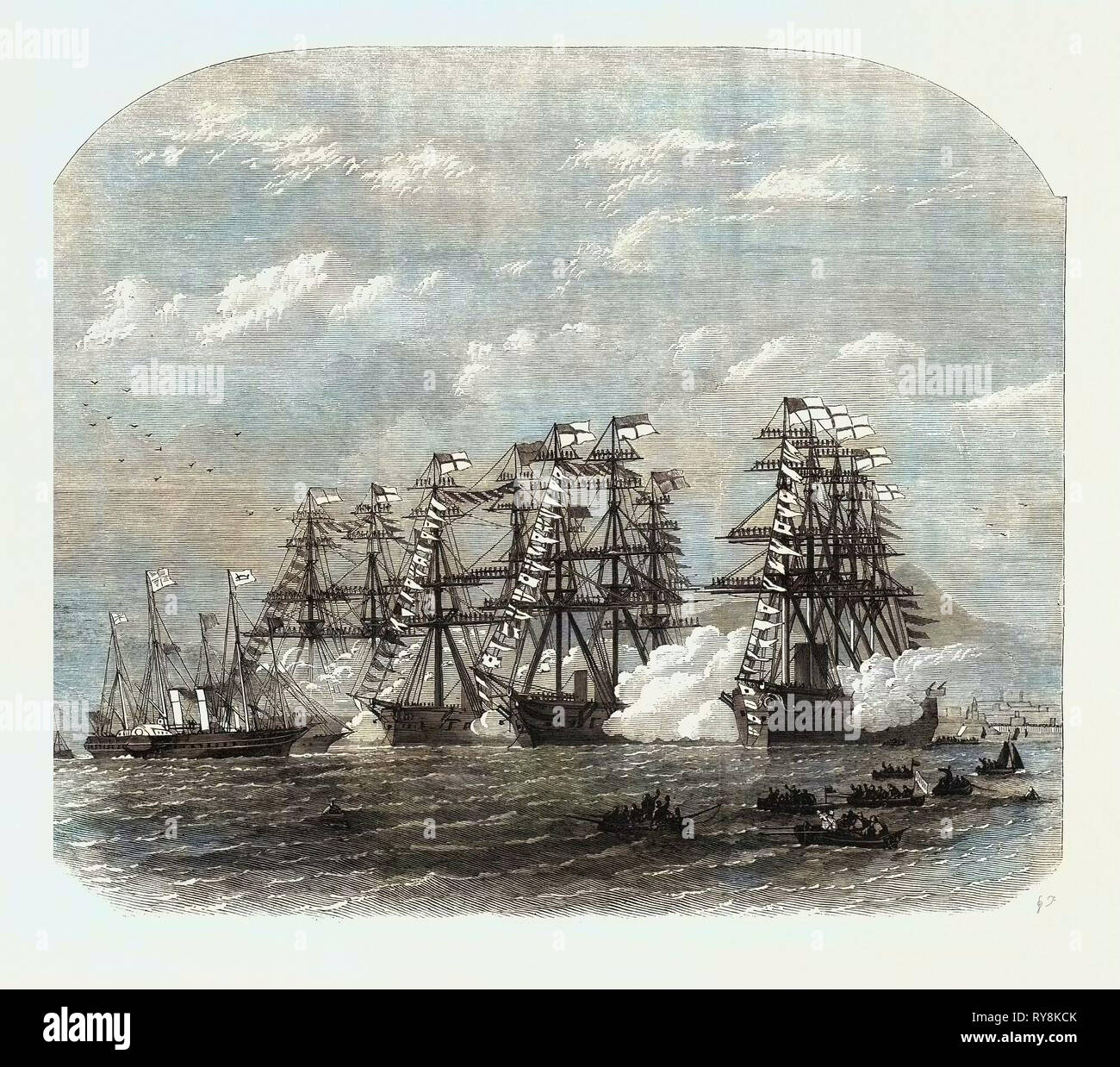 Visita del Principe e della Principessa di Galles in Irlanda: La corazzata Squadron salutando il Royal Yacht nella baia di Dublino 1868 Foto Stock