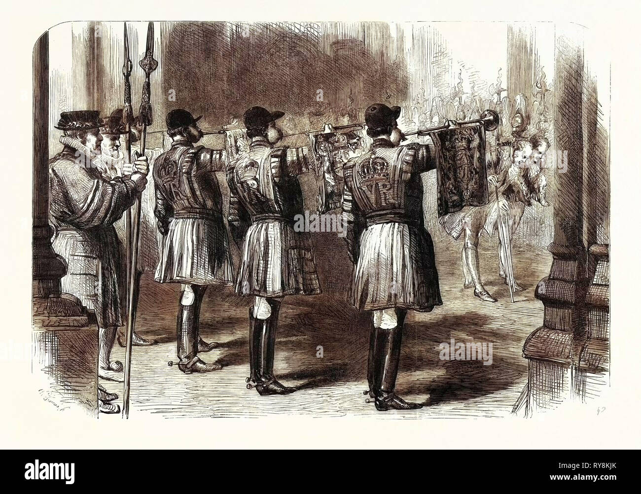L'apertura OP il Parlamento trombettieri annunciando l'approccio di Sua Maestà Febbraio 1861 Foto Stock