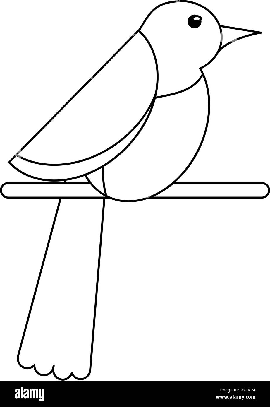 Uccello sul bastone di legno cartone animato in bianco e nero Illustrazione Vettoriale