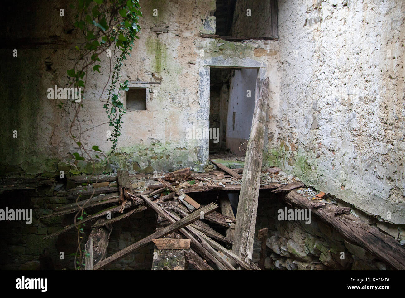 Abbandonato demolita casa in un villaggio abbandonato Slapnik nella regione Goriška Brda, Slovenia. Foto Stock