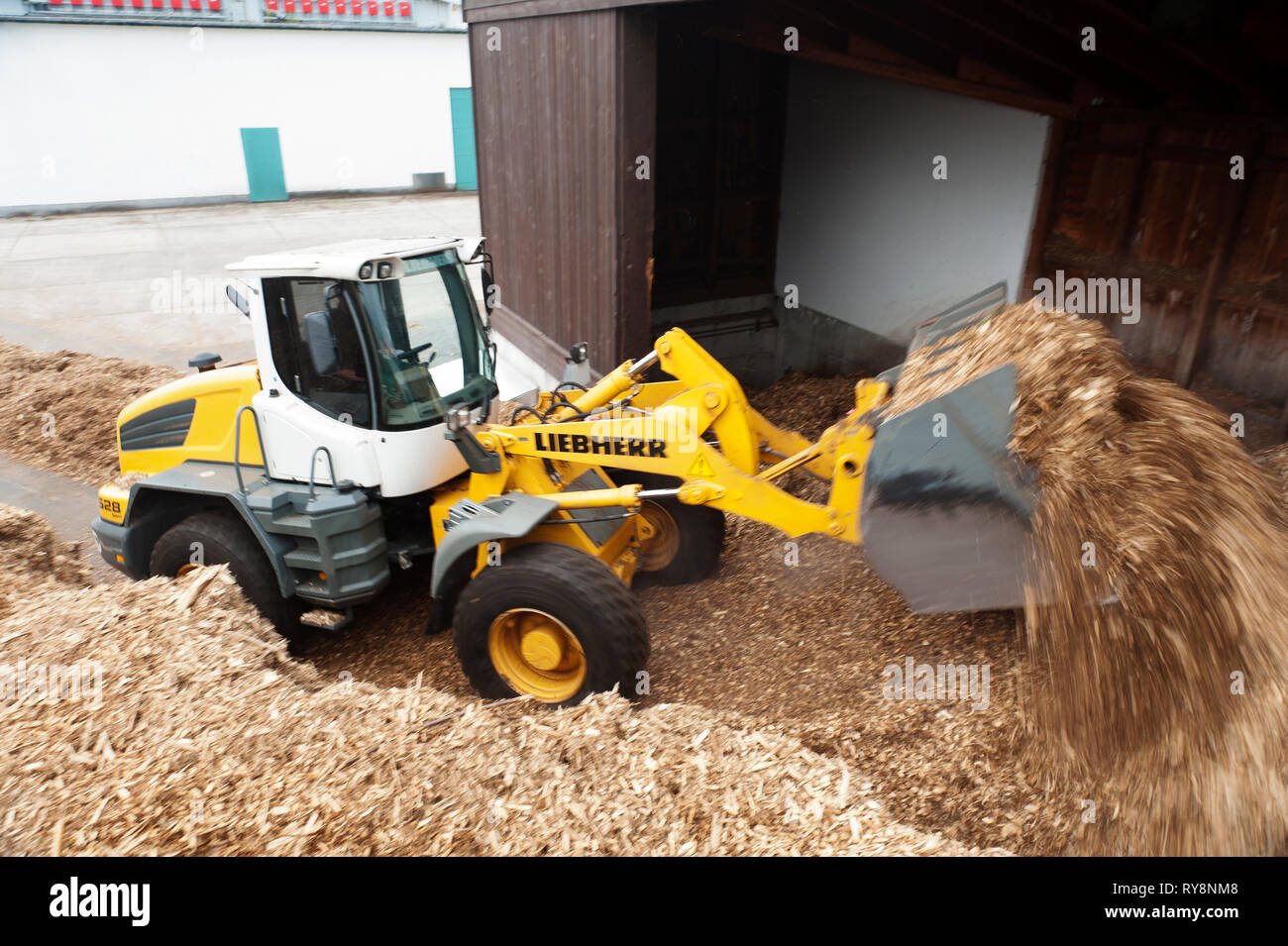 Bulldozer in movimento la polvere di sega Foto Stock