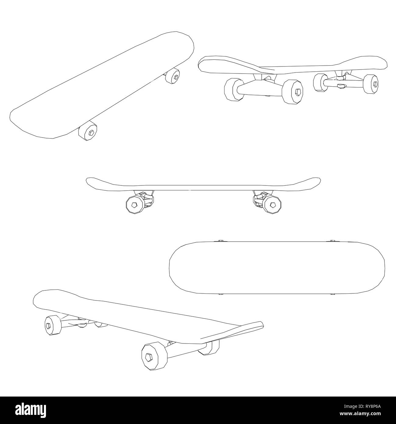 Impostare con lo skateboard delinea in diverse posizioni. Skateboard di contorno superiore, vista laterale schematica isometrica. Illustrazione Vettoriale Illustrazione Vettoriale