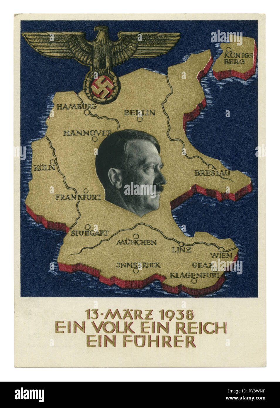 German Historical cartolina: un plebiscito sulla questione dell'annessione dell'Austria, "ein volk ein reich ein führer" 1938, Germania, Terzo Reich Foto Stock