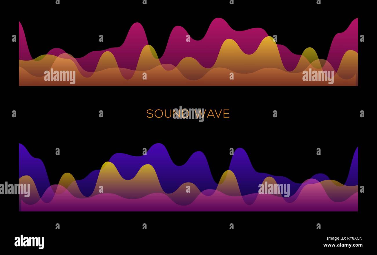 Colorato onde sonore su sfondo nero impostato, lettore audio, equalizzatore Illustrazione Vettoriale