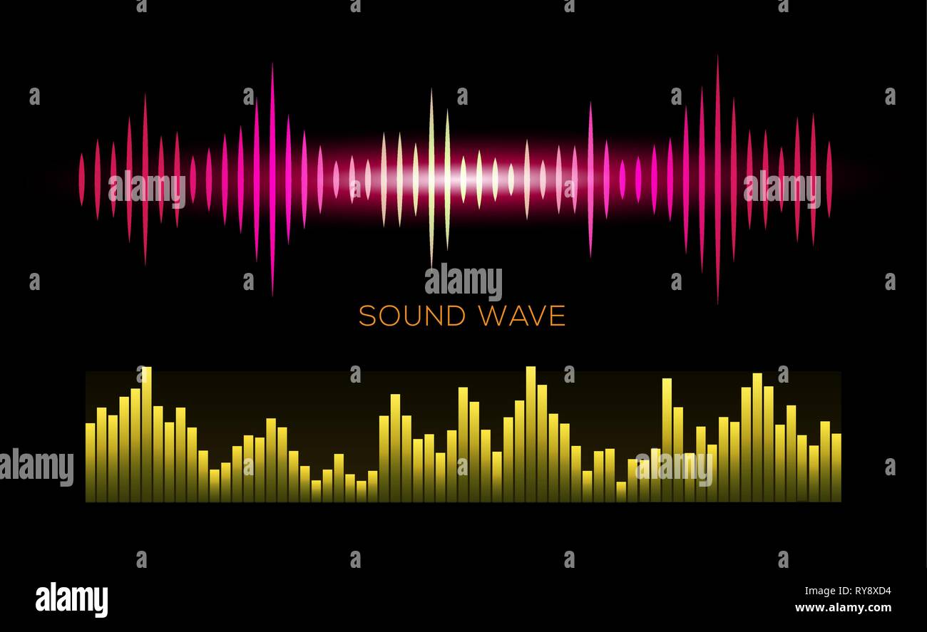 Colorato onde sonore su sfondo nero impostato, lettore audio, equalizzatore Illustrazione Vettoriale