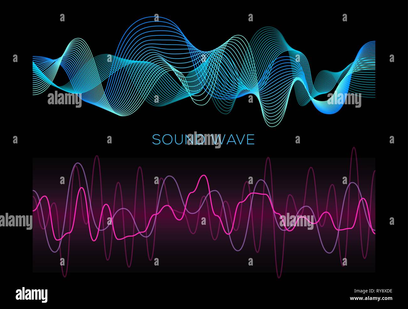 Colorato onde sonore su sfondo nero impostato, lettore audio, equalizzatore Illustrazione Vettoriale