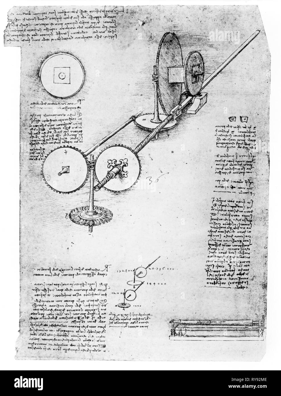 Ala meccanico con ingranaggi, tecniche e disegni meccanici da un notebook, Leonardo da Vinci (1452-1519) Foto Stock