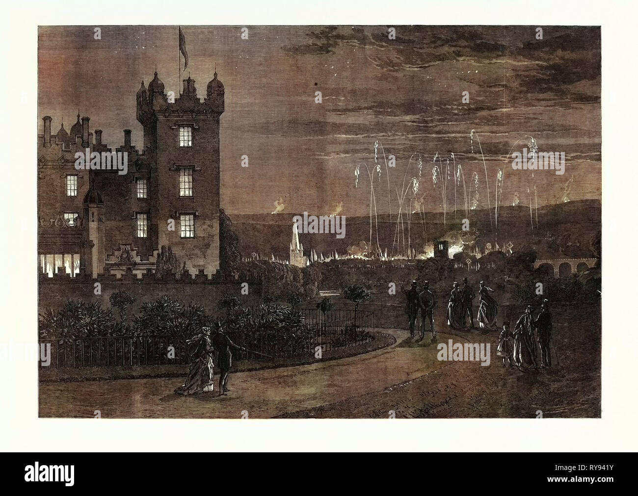 Regina della visita alla frontiera scozzese: i fuochi d'artificio e faro incendi visto dai piani Castle Regno Unito 1867 Foto Stock
