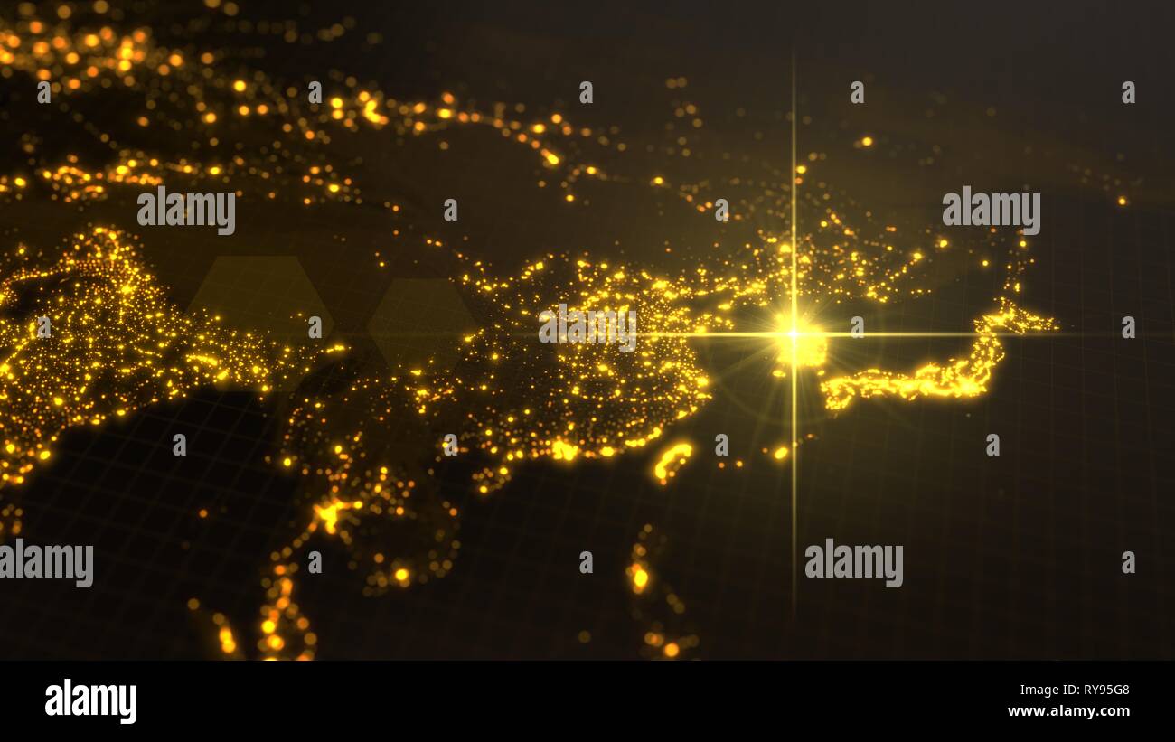 Potenza della Corea del Sud, il fascio energetico di Seoul. mappa scuro con la città illuminata e densità umana aree. 3d illustrazione Foto Stock