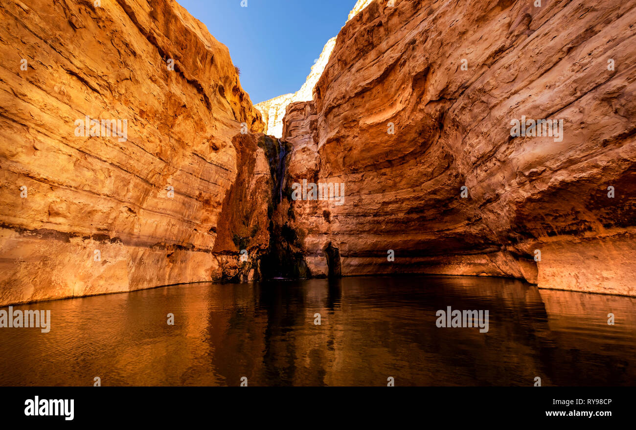 Lunga exepuser di acqua verso il basso nel canyon, Ein Ovdat riserva naturale, Israele Foto Stock