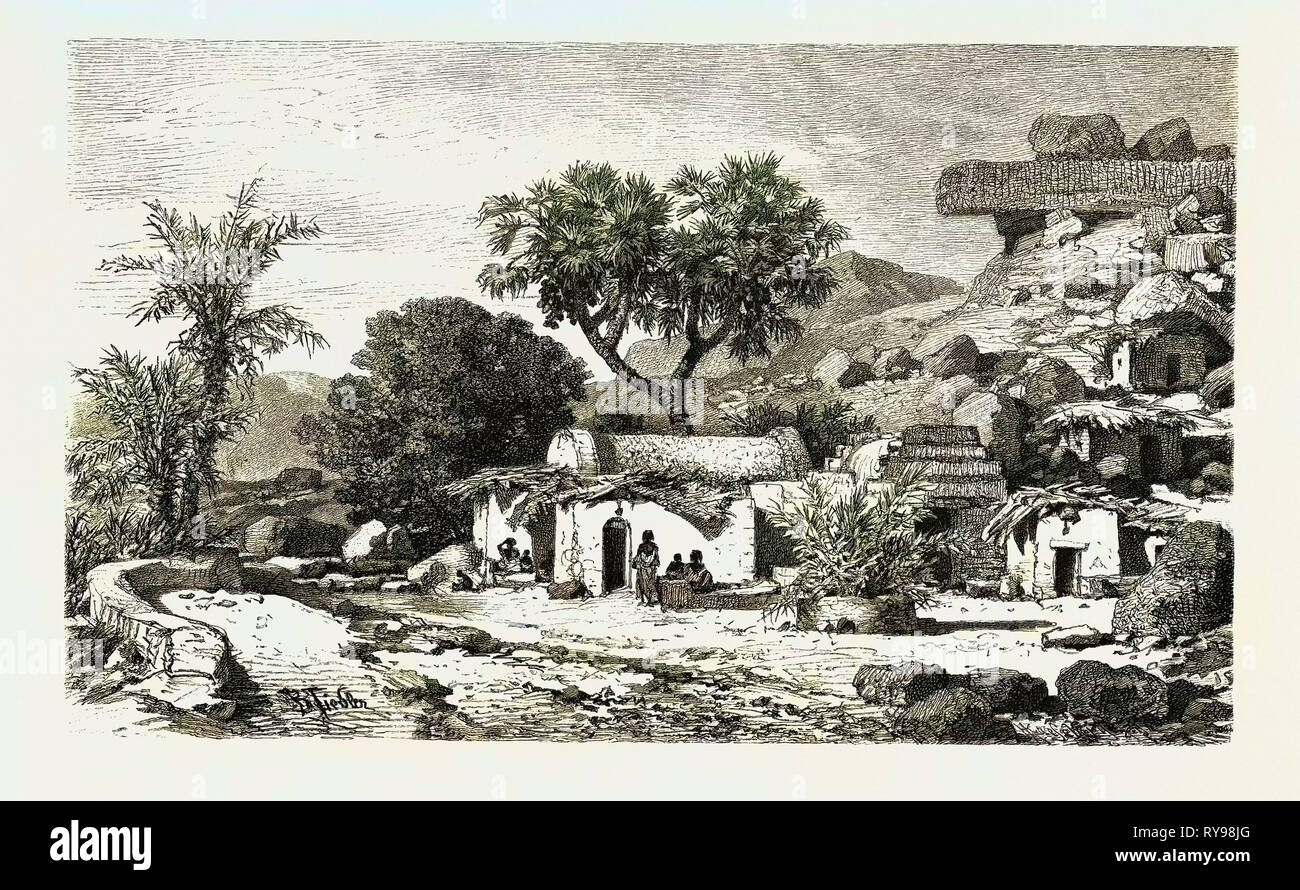 Villaggio nei pressi di Assouan, Egitto, incisione 1879 Foto Stock