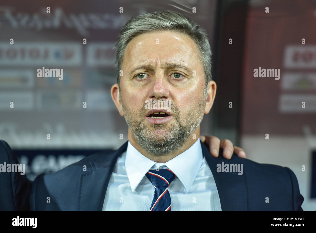 CHORZOW, Polonia - 11 ottobre 2018: Nazioni Football League Division un gruppo 3 corrisponde la Polonia Portogallo vs 2:3 . Nella foto Jerzy Brzeczek pullman di P Foto Stock