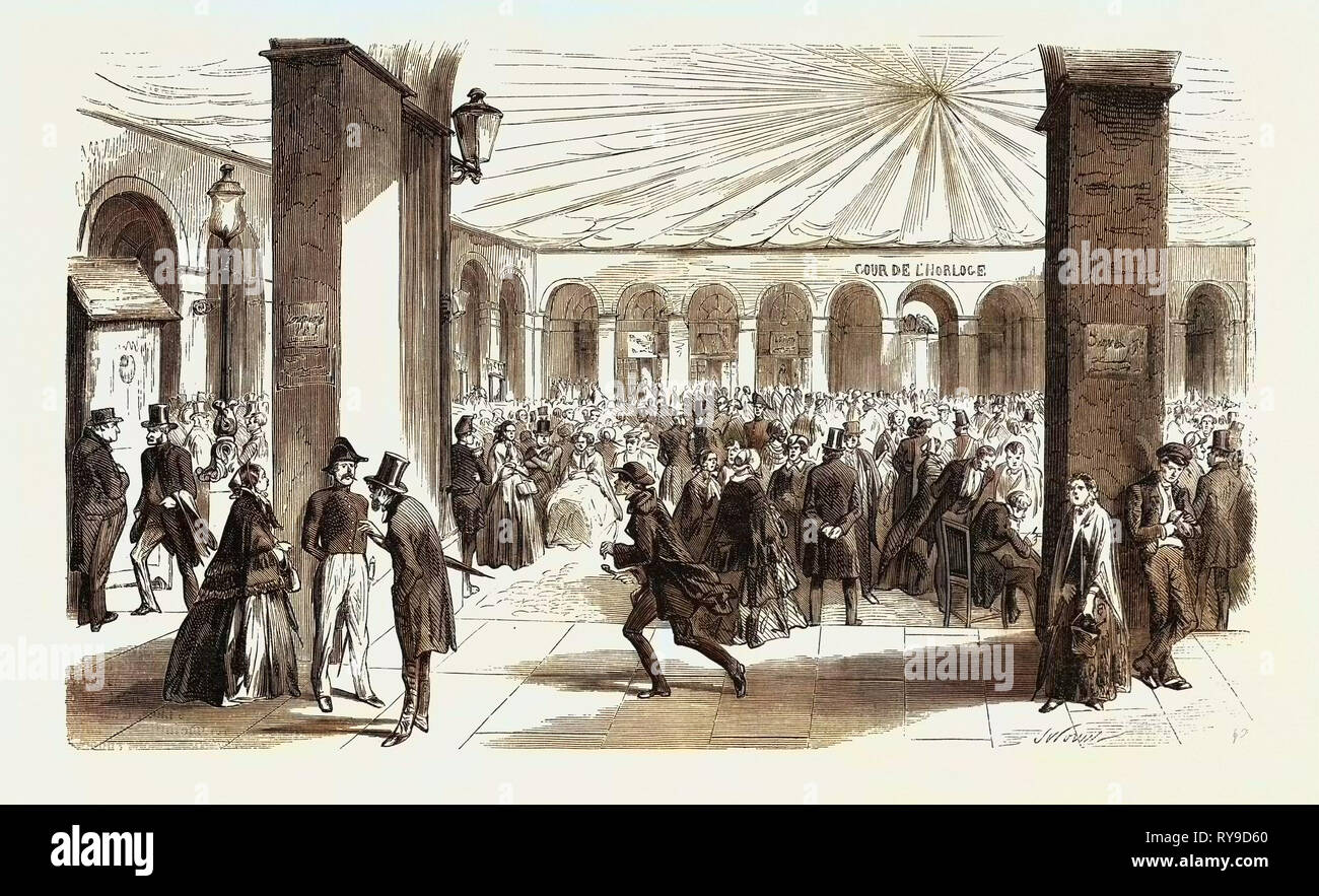 Gli abbonati per il prestito di 750 milioni di euro a notte, sotto gli archi e la giornata nel cortile del ministero delle Finanze. Francia. incisione 1855 Foto Stock