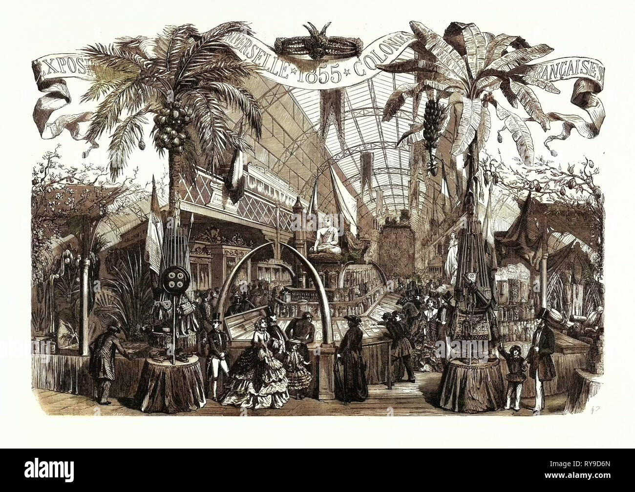L'industria Esposizione universale. Prodotti delle colonie francesi. Parigi, Francia, Exposition Universelle. Una esposizione internazionale sulla Champs-Elysees nel 1855, costituito da un industriale e un Beaux Arts exposition. Incisione Foto Stock