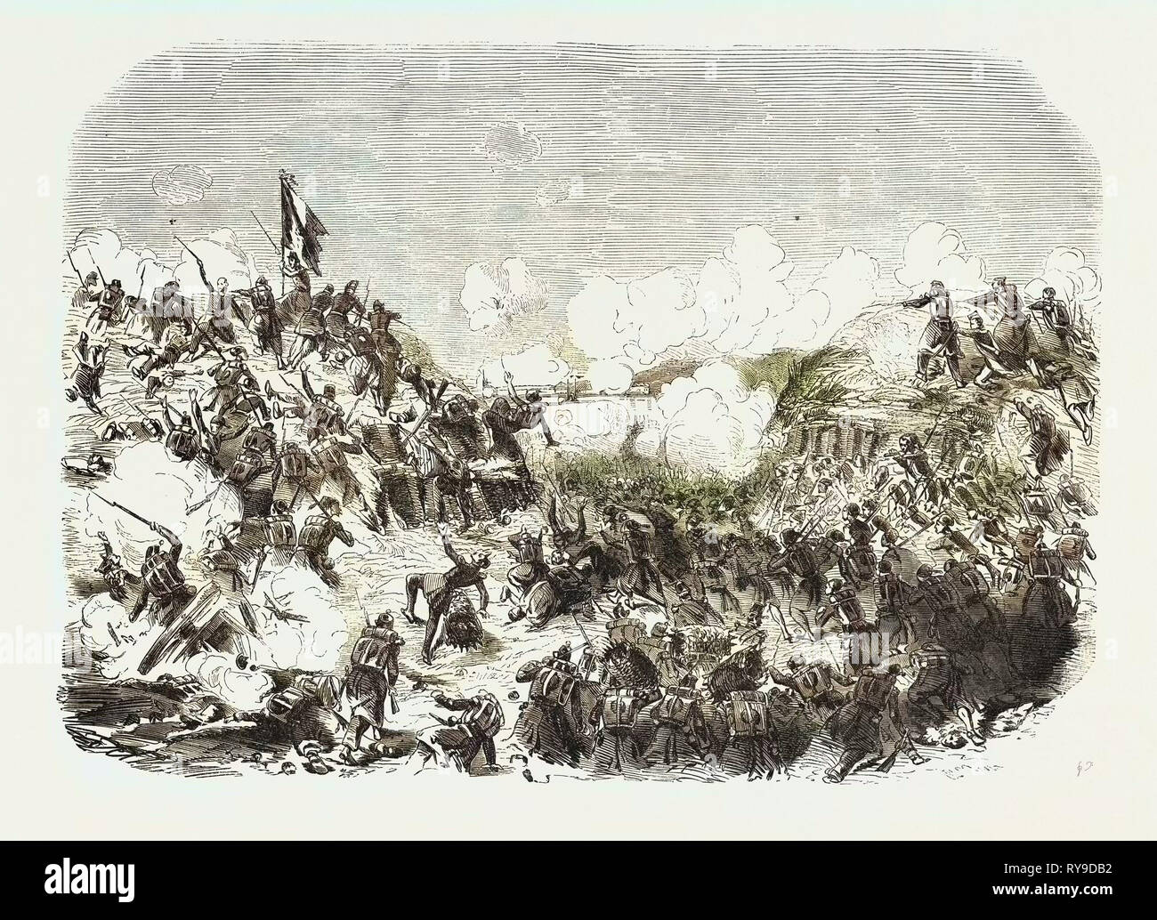La difesa della gola di Malakoff, granatieri e fanteria leggera della guardia, la fanteria, il Zouaves e Tirailleurs algerina. La guerra di Crimea, 1855. Incisione Foto Stock