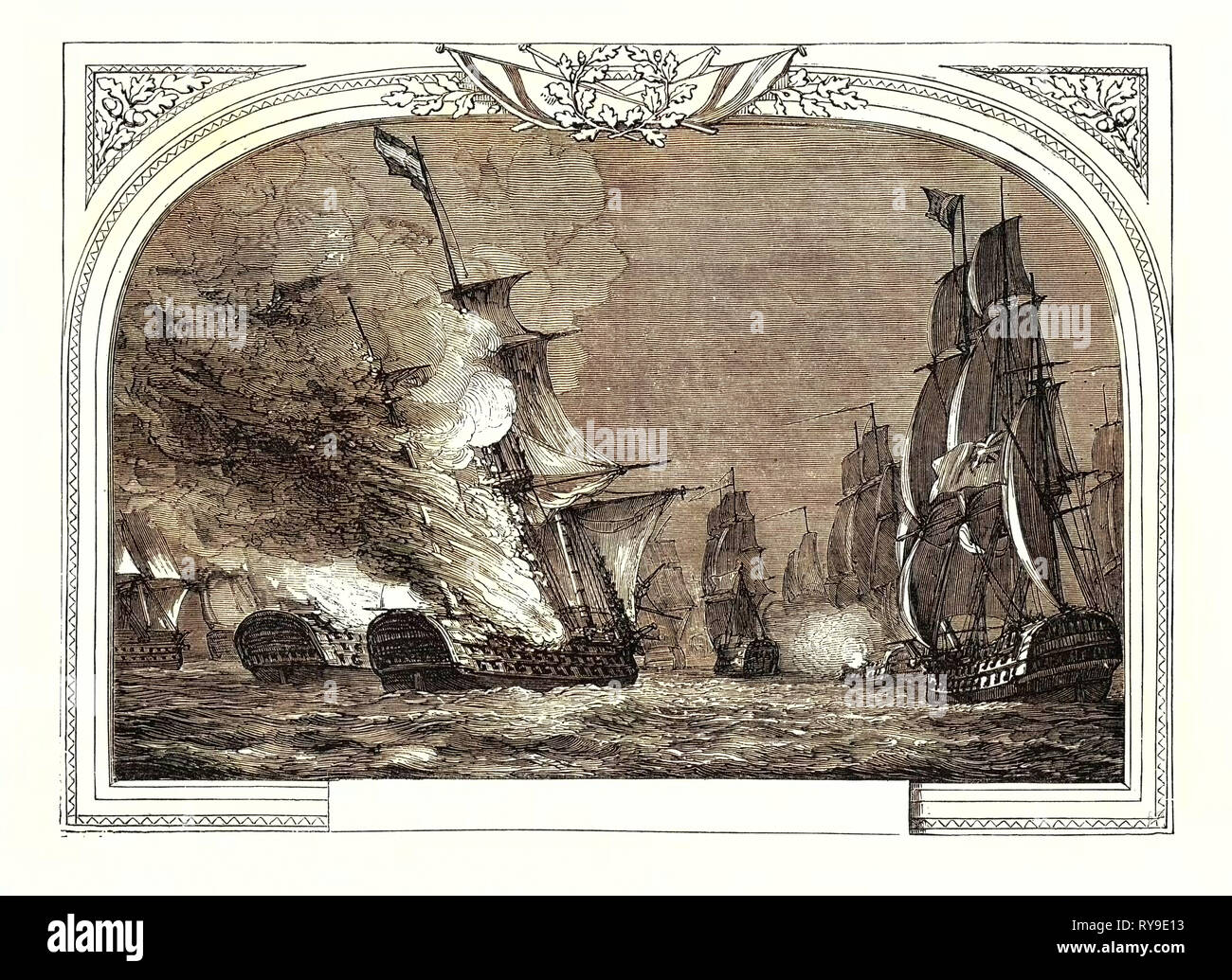 Battaglia Cabarela punto (ammiraglio Sir J. Saumarez), Luglio 12th, 1801. Distruzione del Rea Carlos e San Hermenegildo. James Saumarez, primo Baron De Saumarez (1757 1836), ammiraglio della Royal Navy Foto Stock Battaglia Cabarela punto (ammiraglio Sir J. Saumarez), Luglio 12th, 1801. Distruzione del Rea Carlos e San Hermenegildo. James Saumarez, primo Baron De Saumarez (1757 1836), ammiraglio della Royal Navy Foto Stock